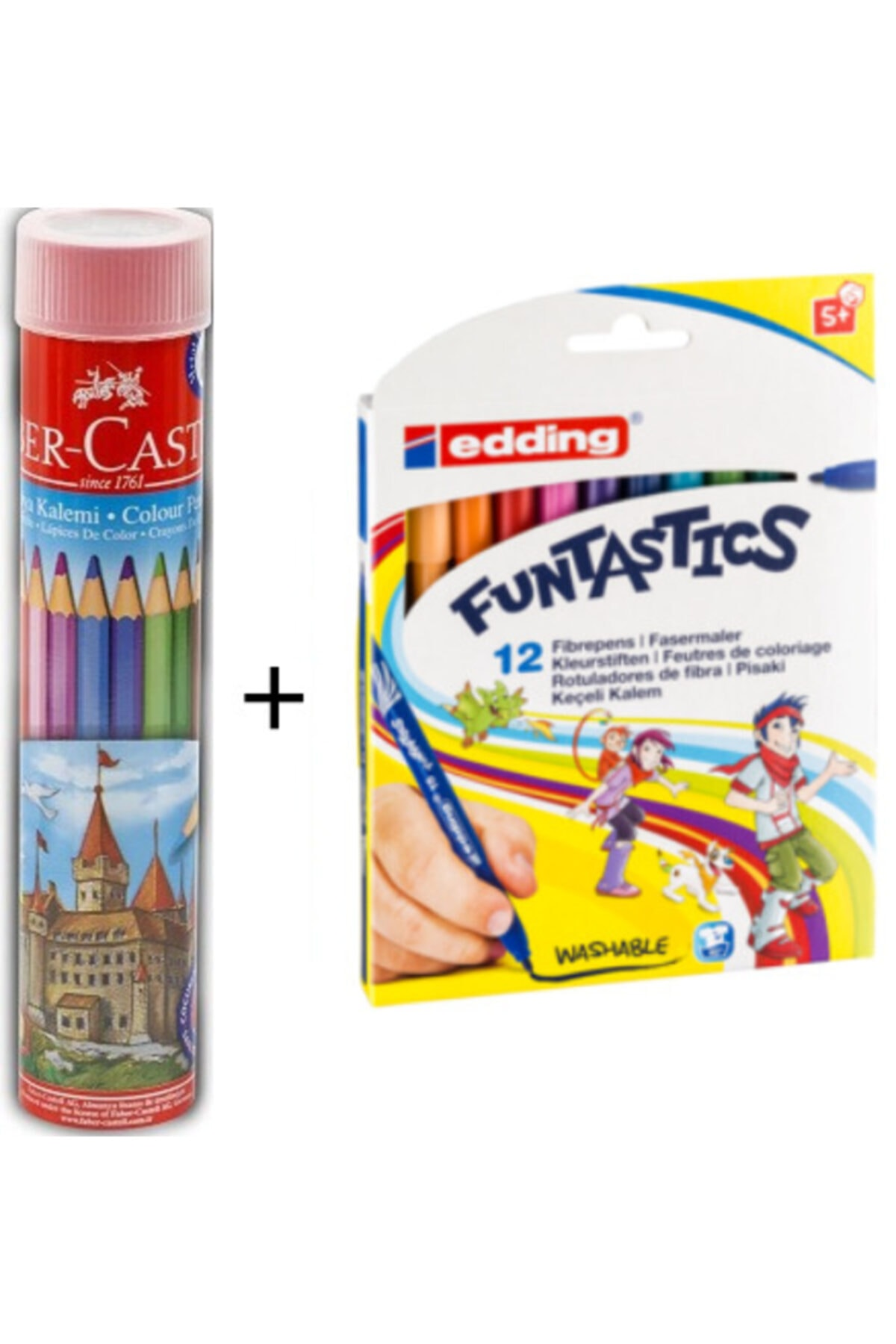 مداد رنگی ۱۲تایی لوله‌ای فابر کاستل + ماژیک نوک‌نازک ۱۲ رنگ ادینگ فانتاستیک